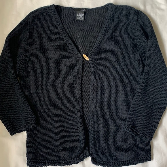 Kenzie deep blue open knit 3/4 sleeve one oval shell button cardigan EUC - Picture 1 of 5